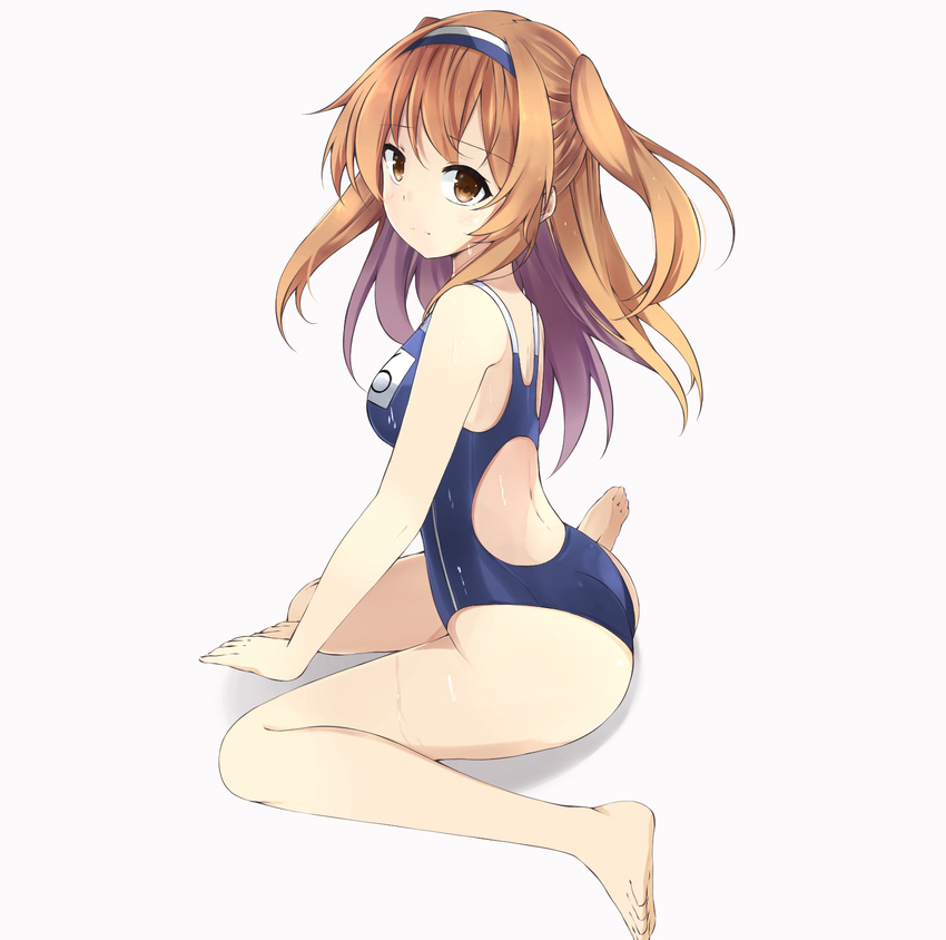 ass back bare_arms bare_legs bare_shoulders barefoot breasts closed_mouth clothes_writing competition_school_swimsuit competition_swimsuit from_side frown hairband highres i-26_(kantai_collection) kantai_collection light_brown_eyes light_brown_hair long_hair looking_at_viewer looking_to_the_side medium_breasts myuto_(advent_retribution) name_tag new_school_swimsuit one-piece_swimsuit own_hands_together school_swimsuit simple_background sitting smile solo swimsuit two-tone_hairband two_side_up wariza wet white_background