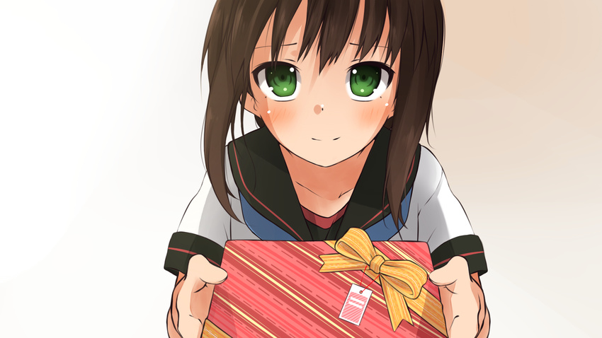 bangs blue_neckwear blush bow box brown_hair closed_mouth commentary_request fubuki_(kantai_collection) gift gift_box gradient gradient_background green_eyes grey_background highres holding holding_gift incoming_gift kantai_collection looking_at_viewer myuto_(advent_retribution) neckerchief orange_bow remodel_(kantai_collection) sailor_collar shirt short_sleeves smile solo tareme upper_body valentine white_shirt