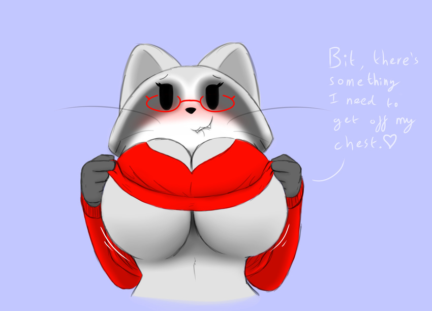big_breasts bit-small biting_lip breasts cleavage clothed clothing english_text eyewear fangs female gina glasses huge_breasts mammal procyonid raccoon simple_background sweater teasing text under_boob