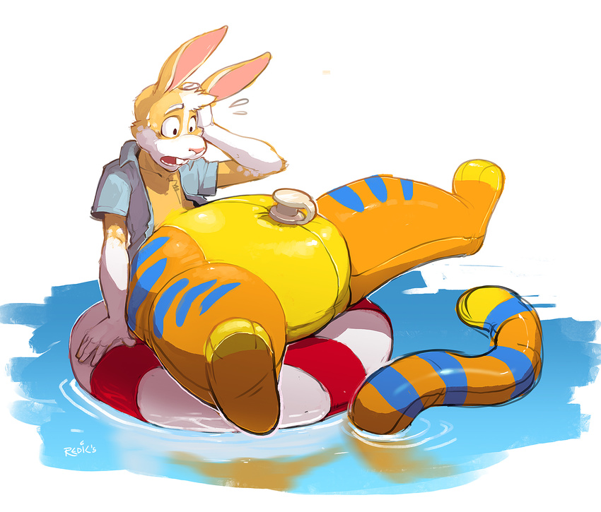 2015 animate_inanimate anthro bottomless clothed clothing digital_drawing_(artwork) digital_media_(artwork) feline flir fur hi_res inflatable inner_tube lagomorph living_inflatable long_ears long_tail male mammal multicolored_fur open_mouth pink_nose pool_toy rabbit redic-nomad rubber shiny simple_background solo striped_tail stripes surprise sweat swim_ring tan_fur teeth tiger transformation two_tone_fur water white_fur