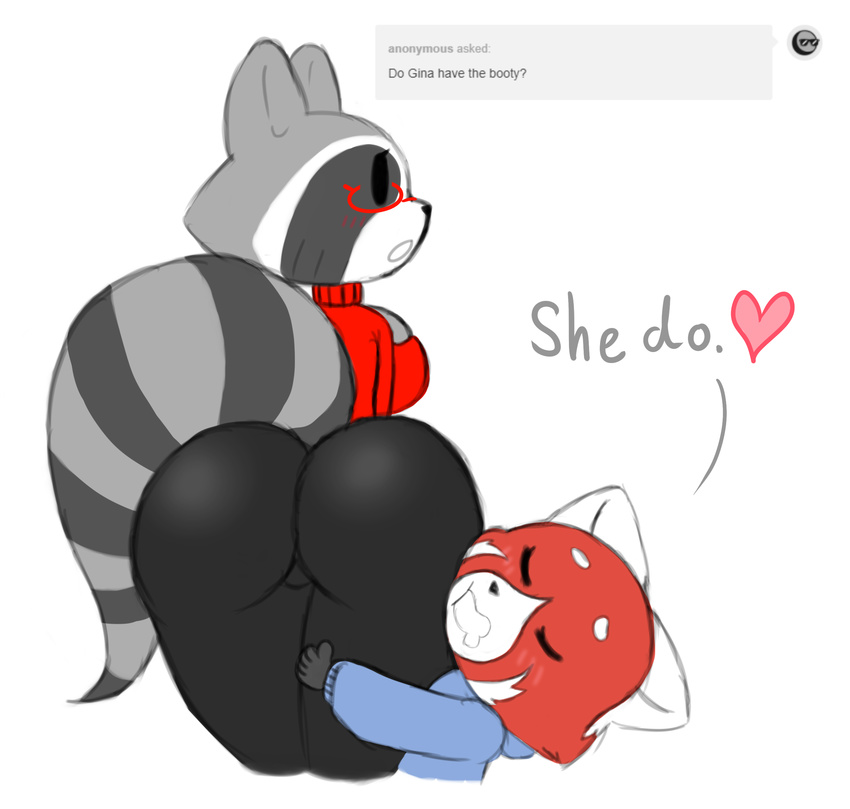 ask_blog big_breasts big_butt bit-small bit_(character) breasts butt clothing difference drooling eyewear female gina glasses height huge_breasts huge_butt leggings legwear male mammal procyonid raccoon red_panda response saliva slightly_chubby sweater wide_hips