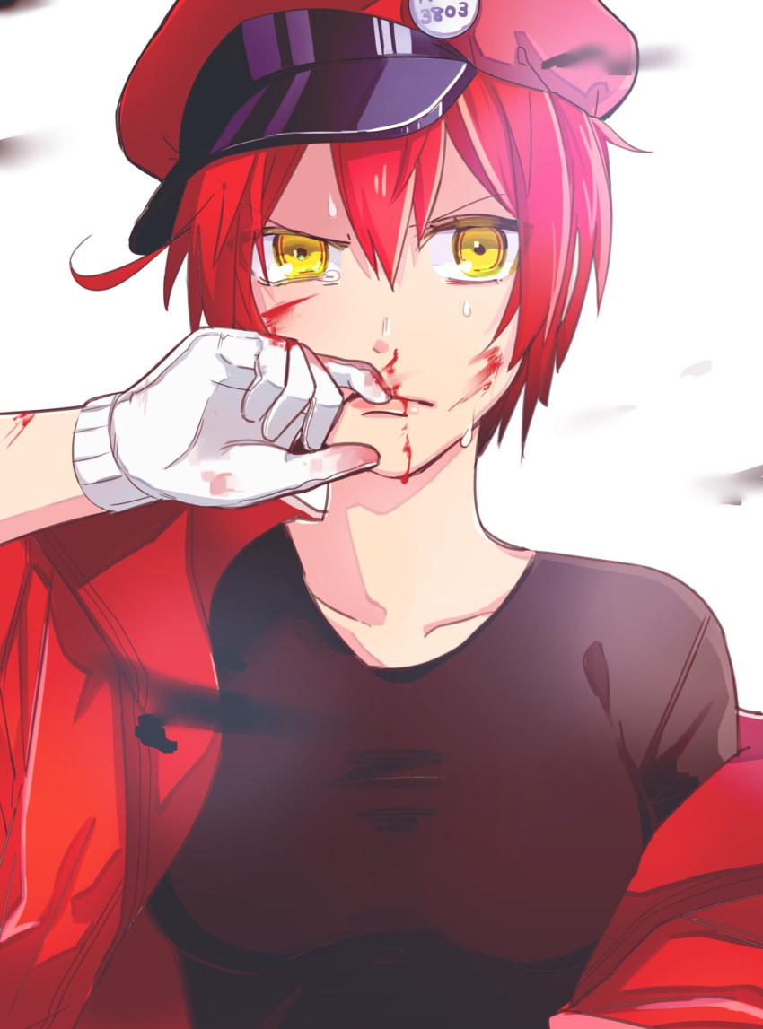 1girl ae-3803 black_shirt blood blood_on_face bloody_clothes breasts character_name collarbone gloves hair_between_eyes hat hataraku_saibou highres jacket looking_at_viewer medium_breasts off_shoulder open_clothes open_jacket peaked_cap red_hat red_jacket shirt sna4 solo sweatdrop tears upper_body white_background white_gloves yellow_eyes