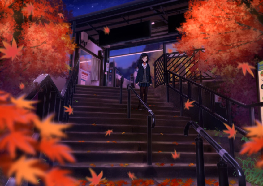 autumn_leaves black_hair black_legwear blue_skirt blush closed_mouth collared_shirt fare_gate kyoto long_hair looking_away original outdoors pantyhose railing real_world_location sakeharasu shirt skirt solo stairs