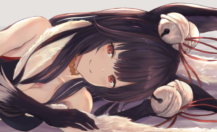 1girl animal_ears bangs bell black_gloves black_hair breasts choker cleavage collarbone fox_ears gloves granblue_fantasy grey_background hair_bell hair_ornament hair_ribbon highres jingle_bell long_hair looking_at_viewer lying on_side red_eyes red_ribbon ribbon shiny shiny_hair simple_background smile solo upper_body yuel_(granblue_fantasy) yukitourou