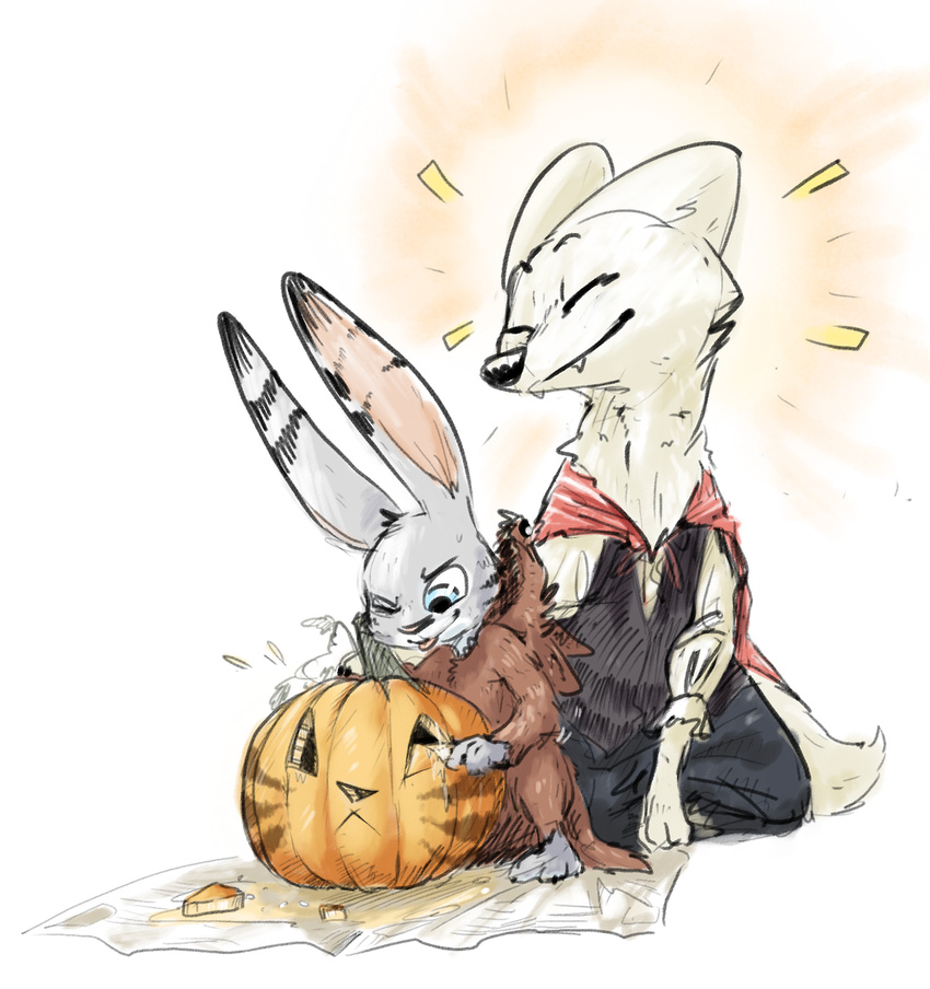 anthro canine clothed clothing disney duo eyes_closed female food fox fruit fur halloween holidays jack_savage lagomorph male mammal nobody_(artist) onesie pumpkin rabbit simple_background skye_(zootopia) vampire zootopia