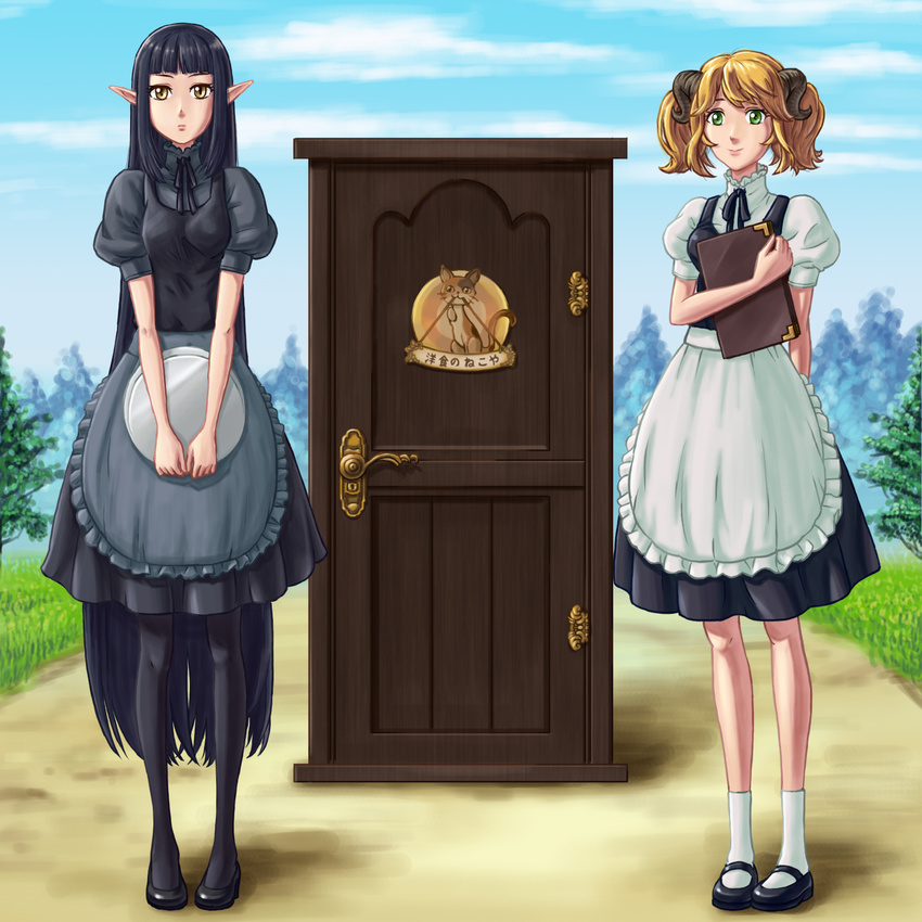 aletta commentary_request demon_horns door highres horns isekai_shokudou kuro_(isekai_shokudou) maid_dress mary_janes menu multiple_girls pantyhose plate pointy_ears road shoes sikofree smile