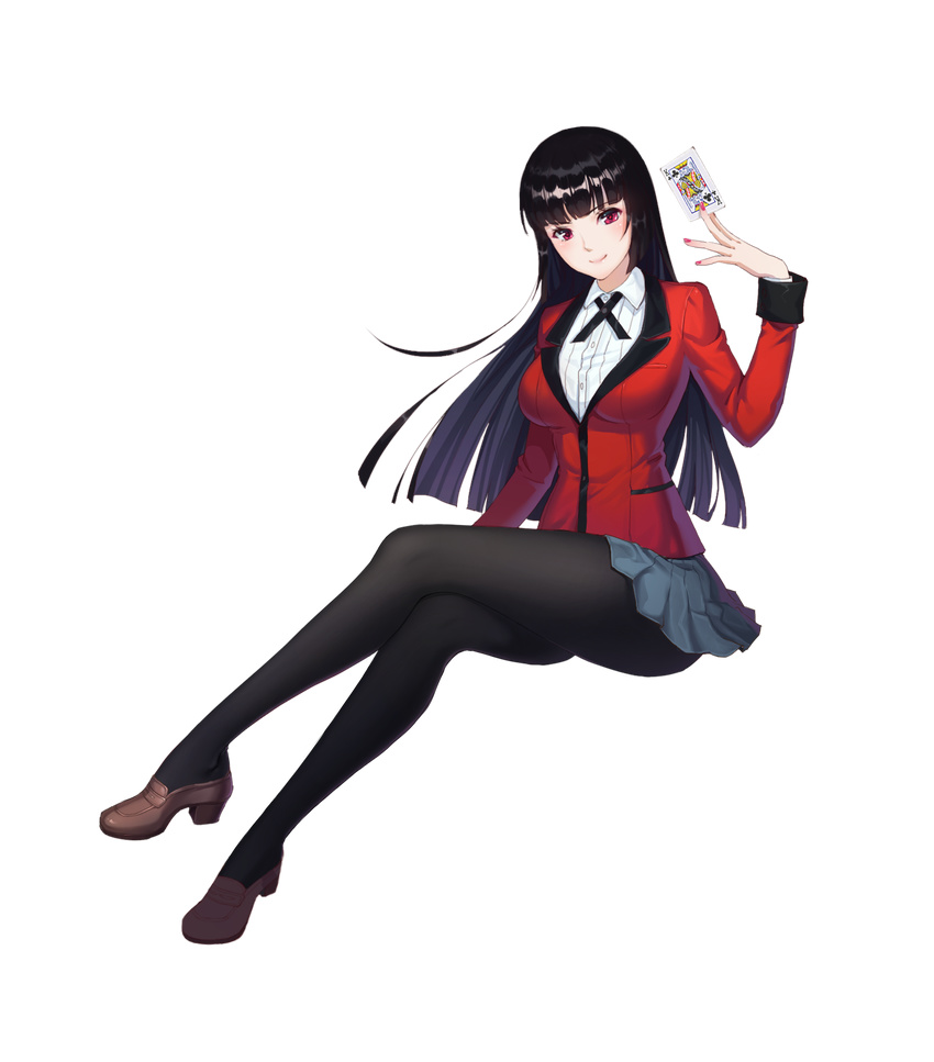 black_hair black_legwear blue_shrimp brown_footwear card crossed_legs full_body grey_skirt highres hime_cut jabami_yumeko kakegurui king_of_clubs loafers long_hair looking_at_viewer pantyhose playing_card red_eyes school_uniform shoes skirt smile solo transparent_background