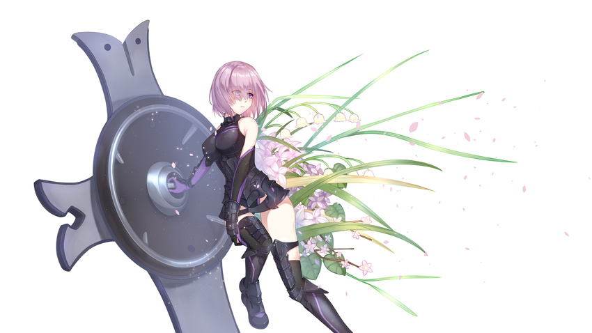 armor armored_boots black_footwear black_gloves black_legwear black_leotard boots elbow_gloves eyes_visible_through_hair fate/grand_order fate_(series) flower gloves hair_between_eyes hair_over_one_eye highres holding_shield leg_up leotard mash_kyrielight nichts_(nil) petals purple_eyes purple_hair shield short_hair simple_background sleeveless solo thigh_boots thighhighs white_background white_flower