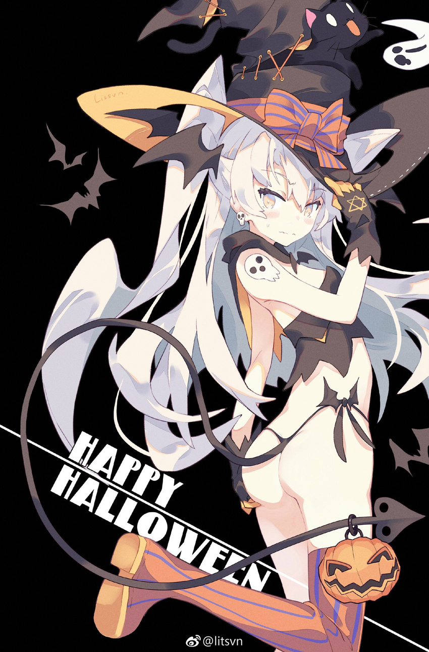 absurdres amatsukaze_(kantai_collection) arm_up ass black_background black_cat black_gloves black_panties boots bow breasts bustier capelet cat closed_mouth earrings eyebrows_visible_through_hair fake_tail from_side gloves grey_hair halloween hand_on_headwear hand_on_own_ass hat hat_bow hexagram highleg highleg_panties highres jack-o'-lantern jewelry kantai_collection leg_up litsvn long_hair looking_at_viewer orange_eyes orange_legwear panties shinigami_sama side-tie_panties simple_background single_thighhigh skull_earrings small_breasts solo soul_eater standing standing_on_one_leg star_of_david striped striped_legwear sweatdrop tail thigh_boots thighhighs thong two_side_up underwear vertical-striped_legwear vertical_stripes very_long_hair watermark wavy_mouth weibo_logo weibo_username witch_hat