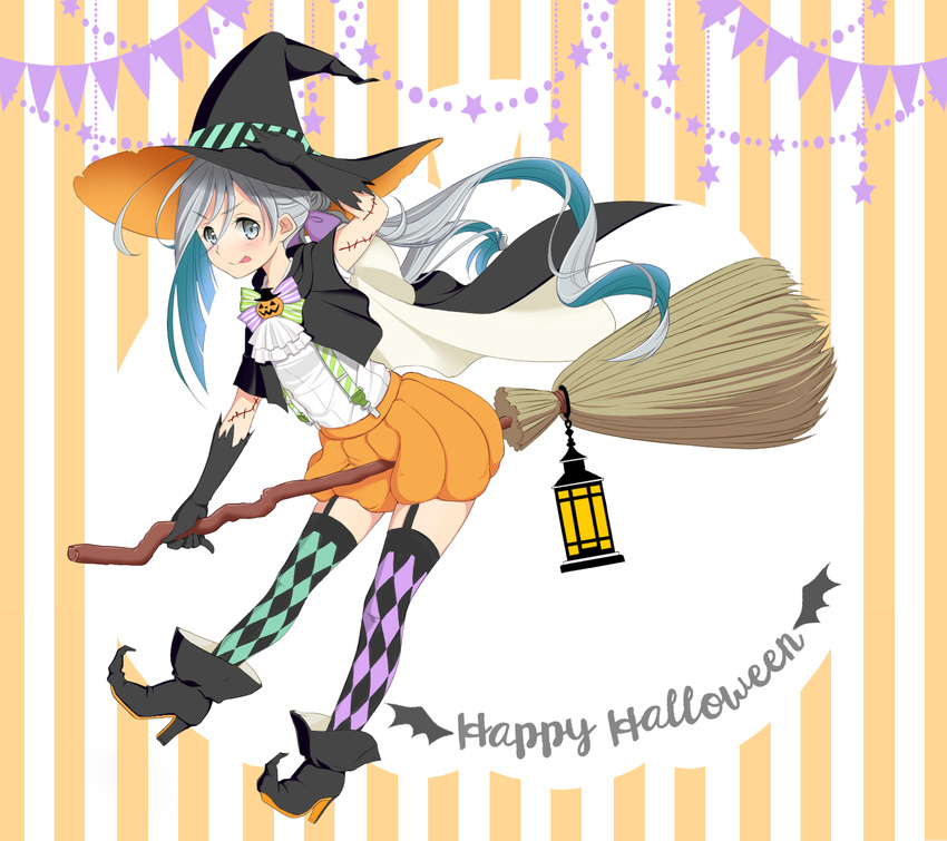:q adjusting_hair alternate_costume ascot bad_id bad_pixiv_id banned_artist black_gloves broom broom_riding checkered checkered_legwear garter_straps gloves halloween happy_halloween hat high_heels highres kantai_collection kiyoshimo_(kantai_collection) long_hair looking_at_viewer low_twintails pumpkin_pants sakuharu silver_eyes silver_hair smile solo suspenders tongue tongue_out twintails witch witch_hat