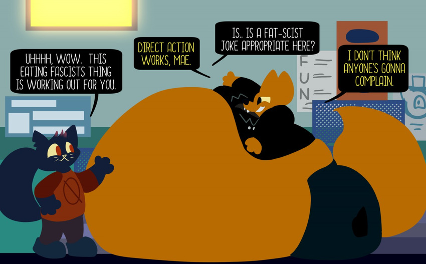 anthro belly big_belly clothing english_text gregg_(nitw) mae_(nitw) nemo night_in_the_woods obese oral_vore overweight smile teeth text vore