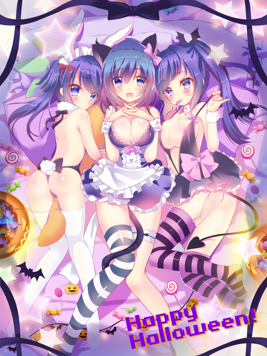 :d animal_ears apron ass asymmetrical_legwear backless_outfit bare_back bare_shoulders bat bat_hair_ornament bat_wings bed_sheet black_bow blue_eyes blue_hair bow breast_squeeze breasts bunny_ears bunny_girl bunny_tail bunnysuit candy candy_wrapper carrot_pillow cat_ears cat_girl cat_tail cleavage commentary_request demon_tail detached_collar eating fang food food_in_mouth frilled_apron frilled_pillow frills fur_collar garter_straps girl_sandwich hair_bow hair_ornament halloween halloween_basket happy_halloween head_wings highres holding ichi_rin jack-o'-lantern large_breasts lollipop long_hair looking_at_viewer looking_back lying maid_headdress mouth_hold multiple_girls on_back on_side on_stomach open_mouth original pillow pillow_hug purple_bow sandwiched single_thighhigh smile star striped striped_legwear swirl_lollipop tail thighhighs twintails waist_apron white_apron white_collar white_legwear wings wrist_cuffs