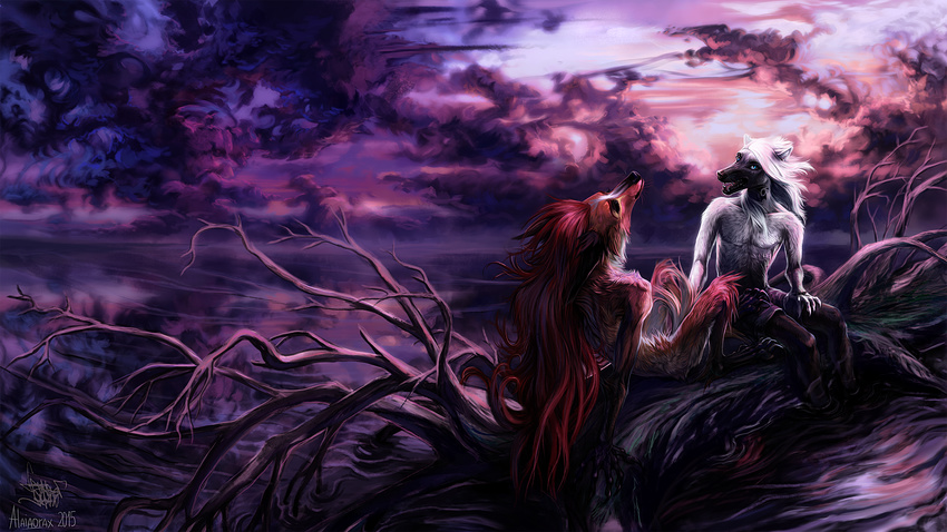 2016 alaiaorax ambiguous_gender canine day detailed_background digital_media_(artwork) duo hair mammal nude open_mouth outside red_hair sitting sky teeth tongue water wolf