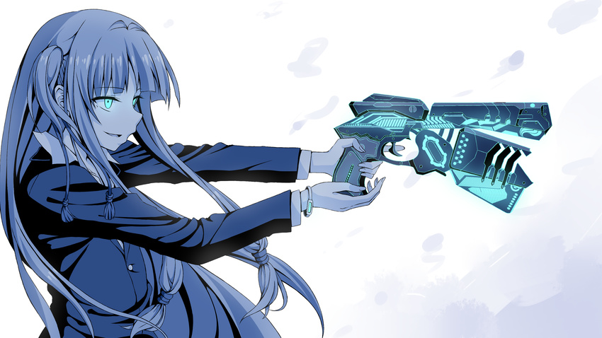 absurdres aiming bangs blue blunt_bangs bracelet dominator_(gun) flask_(pandora) from_side glowing glowing_eyes gun highres holding holding_gun holding_weapon jacket jewelry kotonoha_aoi long_hair long_sleeves monochrome parted_lips psycho-pass sideways_mouth smile solo spot_color trigger_discipline upper_body voiceroid weapon white_background