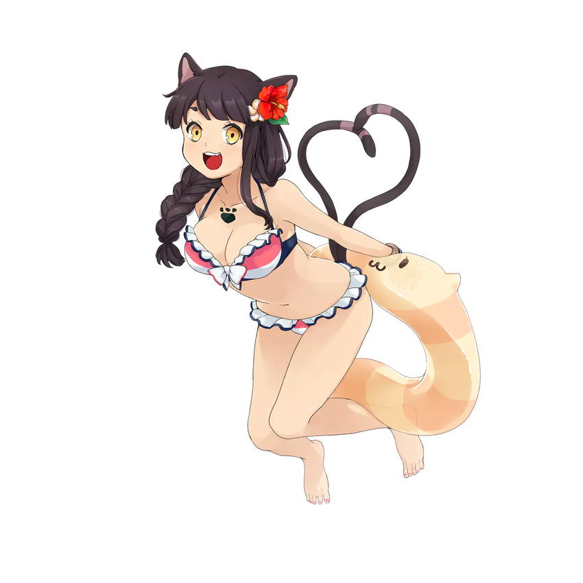 animal_ears barefoot bikini bracelet braid breasts cat_ears cat_tail cleavage flower frilled_bikini frills full_body hair_flower hair_ornament halter_top halterneck highres innertube jewelry large_breasts long_hair looking_at_viewer multiple_tails navel nekomata_(youkai_hyakki-tan!) non-web_source official_art open_mouth solo swimsuit tail tattoo transparent_background yellow_eyes yellow_innertube youkai_hyakki-tan!