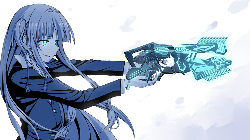 absurdres aiming bangs blue blunt_bangs bracelet dominator_(gun) flask_(pandora) from_side glowing glowing_eyes gun highres holding holding_gun holding_weapon jacket jewelry kotonoha_aoi long_hair long_sleeves monochrome parent_and_child parted_lips psycho-pass sideways_mouth smile solo spot_color trigger_discipline upper_body voiceroid weapon white_background