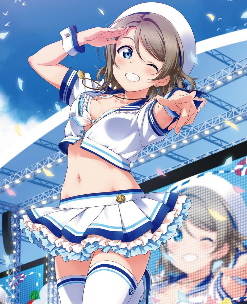 bikini_top blue_eyes blue_sky breasts brown_hair cleavage cuffs day earrings hat highres jewelry love_live! love_live!_sunshine!! medium_breasts necklace official_art one_eye_closed pleated_skirt sailor_collar sailor_hat screen short_hair skirt sky sleeveless smile stage stage_lights thighhighs watanabe_you