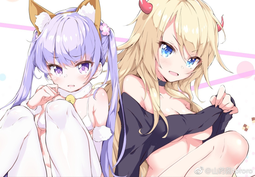 :d animal_ears bare_shoulders blonde_hair blue_eyes blush breasts choker crop_top detached_sleeves eyebrows_visible_through_hair fake_animal_ears fang flower fur_trim hair_flower hair_ornament hairband horns lavender_hair long_hair multiple_girls new_game! open_mouth purple_eyes shanyao_jiang_tororo simple_background sitting small_breasts smile suzukaze_aoba thighhighs twintails underboob v-shaped_eyebrows watermark weibo_logo weibo_username white_bikini_top white_legwear yagami_kou