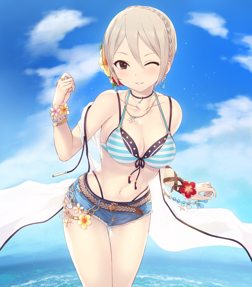 ;d absurdres bangle bare_shoulders belt bikini bikini_under_clothes black_neckwear blonde_hair blue_shorts blue_sky blush bracelet braid breasts brown_eyes cait choker cleavage cloud collarbone cowboy_shot cutoffs day denim denim_shorts earrings flower flower_bracelet front-tie_top grin hair_flower hair_ornament hibiscus highres idolmaster idolmaster_cinderella_girls idolmaster_cinderella_girls_starlight_stage jewelry leaning_forward looking_at_viewer medium_breasts multi-strapped_bikini navel necklace o-ring o-ring_top one_eye_closed open_mouth outdoors paid_reward parted_lips patreon_reward ring shawl shiomi_shuuko short_hair short_shorts shorts side_braid sky smile solo standing stomach strap_gap striped_bikini_top swimsuit tassel thigh_gap wrist_wrap