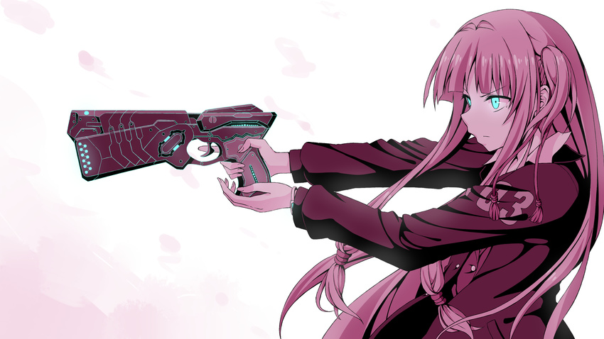 absurdres aiming bangs blunt_bangs bracelet closed_mouth dominator_(gun) flask_(pandora) from_side frown glowing glowing_eyes gun highres holding holding_gun holding_weapon jacket jewelry kotonoha_akane long_hair long_sleeves monochrome psycho-pass solo spot_color trigger_discipline upper_body voiceroid weapon white_background