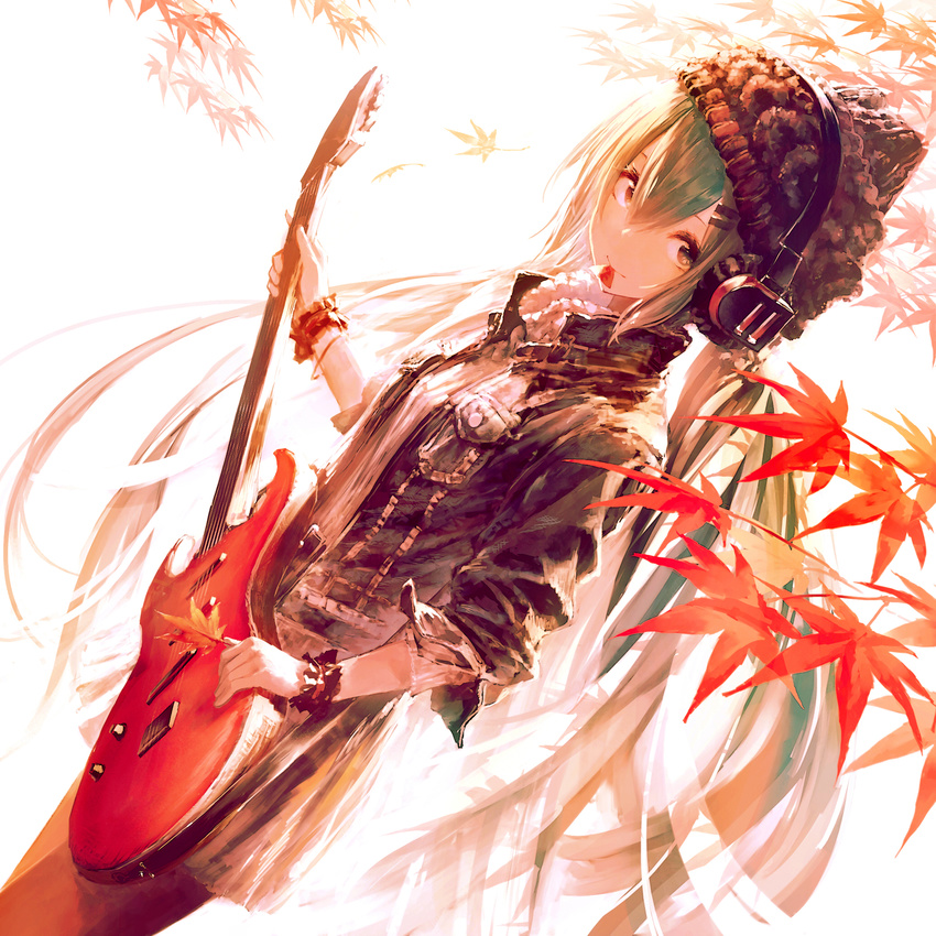 autumn_leaves bangs black_legwear closed_mouth commentary_request dutch_angle electric_guitar garuku green_hair guitar hair_between_eyes hair_ornament hairclip hatsune_miku headphones highres holding holding_instrument instrument jacket leaf long_hair looking_at_viewer maple_leaf mouth_hold open_clothes open_jacket outdoors pantyhose pleated_skirt plectrum skirt solo twintails very_long_hair vocaloid