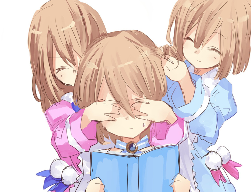 blanc blancpig_yryr brown_hair closed_eyes highres long_hair multiple_girls neptune_(series) ram_(choujigen_game_neptune) rom_(choujigen_game_neptune) short_hair siblings sisters smile twins