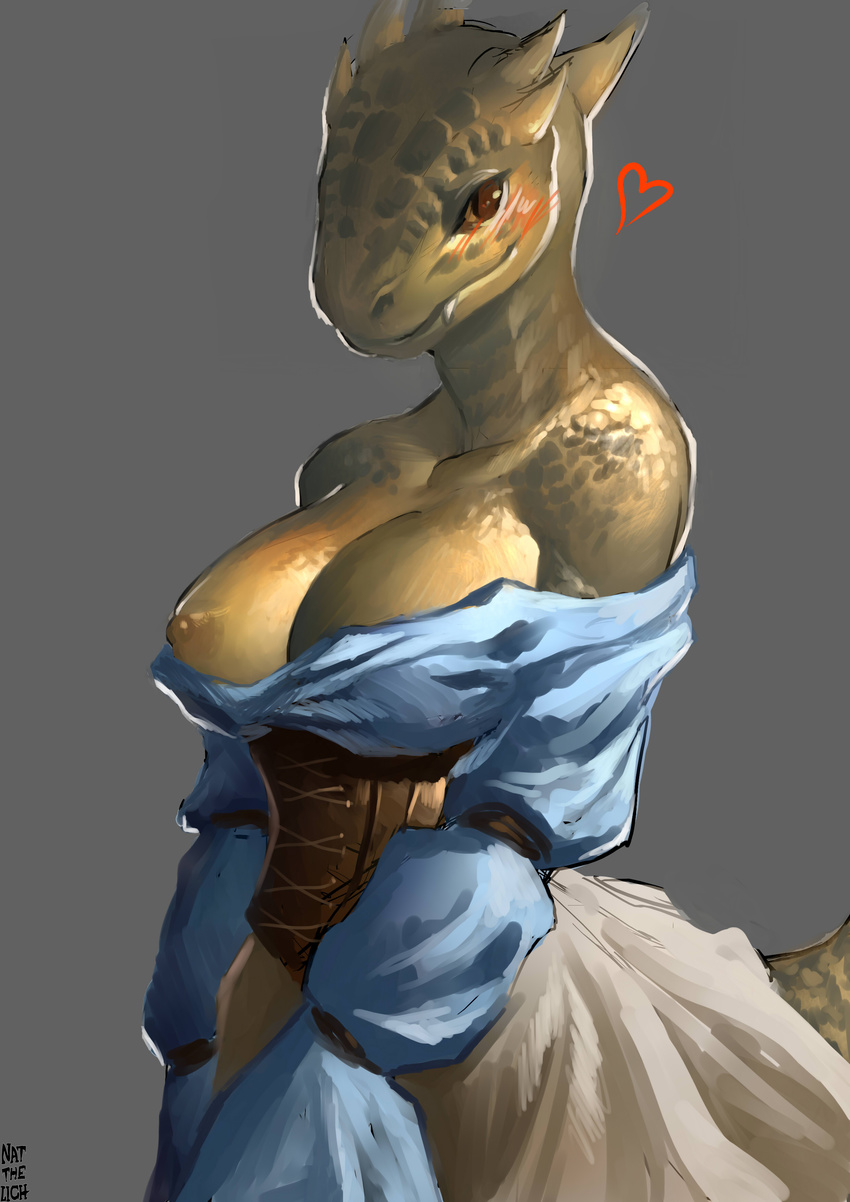 &lt;3 2017 absurd_res anthro argonian blush breasts brown_eyes clothed clothing corset exposed_breasts female grey_background hi_res horn lingerie looking_at_viewer lusty_argonian_maid nat_the_lich nipple_slip nipples reptile scalie shirt simple_background skirt solo the_elder_scrolls video_games