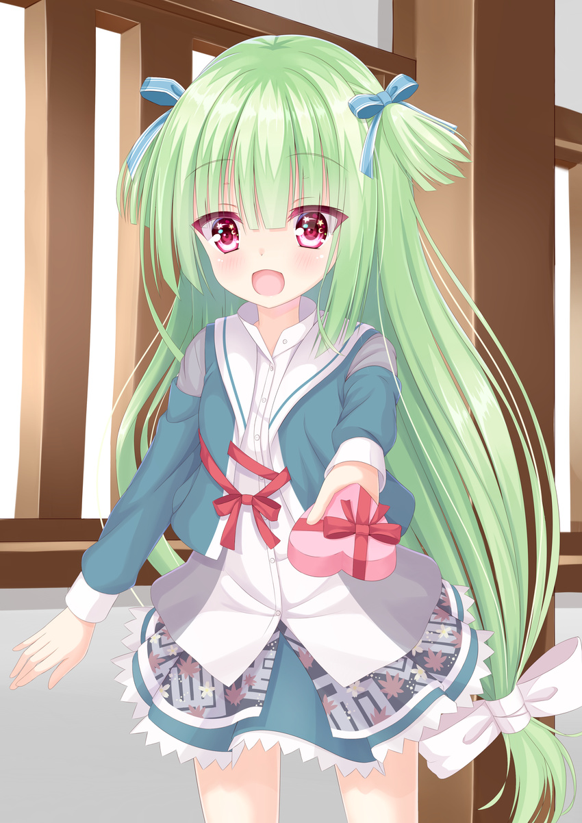 :d absurdres bad_id bad_pixiv_id bangs blue_bow blue_jacket blue_ribbon blunt_bangs blush bow box collared_shirt commentary_request cowboy_shot eyebrows_visible_through_hair eyes_visible_through_hair gift gift_box green_hair hair_bow hair_ribbon hakuto_momiji heart-shaped_box highres incoming_gift indoors jacket long_hair long_sleeves looking_at_viewer low-tied_long_hair murasame_(senren) open_clothes open_jacket open_mouth outstretched_arm red_eyes red_ribbon ribbon school_uniform senren_banka shirt skirt smile solo standing two_side_up valentine very_long_hair white_bow white_shirt