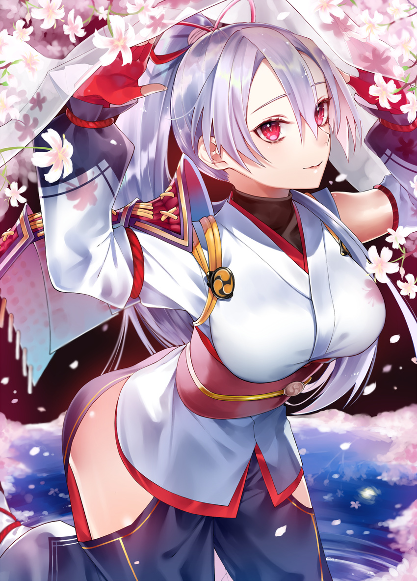 arched_back arms_up bad_id bad_pixiv_id bangs blush breasts cherry_blossoms closed_mouth fate/grand_order fate_(series) fingerless_gloves gloves hair_between_eyes highres ichinosenen japanese_clothes kimono large_breasts leaning_forward long_hair long_sleeves obi outdoors ponytail red_eyes red_gloves sash short_kimono sidelocks silver_hair smile solo tomoe_gozen_(fate/grand_order) tsurime very_long_hair wading white_kimono