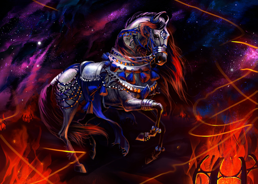 2016 alaiaorax ambiguous_gender brown_hair detailed_background digital_media_(artwork) equine feral fire hair hooves horse mammal sky solo star starry_sky