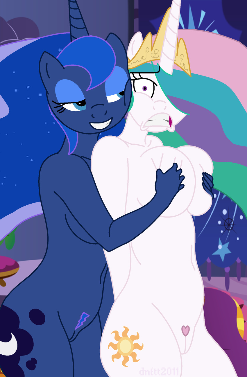 2017 absurd_res anthro anthrofied barely_visible_genitalia big_breasts blue_eyes breast_grab breasts cosmic_hair crown cutie_mark dnftt2011 duo equine female female/female friendship_is_magic grabbing_from_behind hair hair_over_eye half-closed_eyes hand_on_breast hi_res horn incest mammal multicolored_hair my_little_pony navel nude princess_celestia_(mlp) princess_luna_(mlp) purple_eyes pussy sibling sisters smile stylized_pubes subtle_pussy surprise unicorn