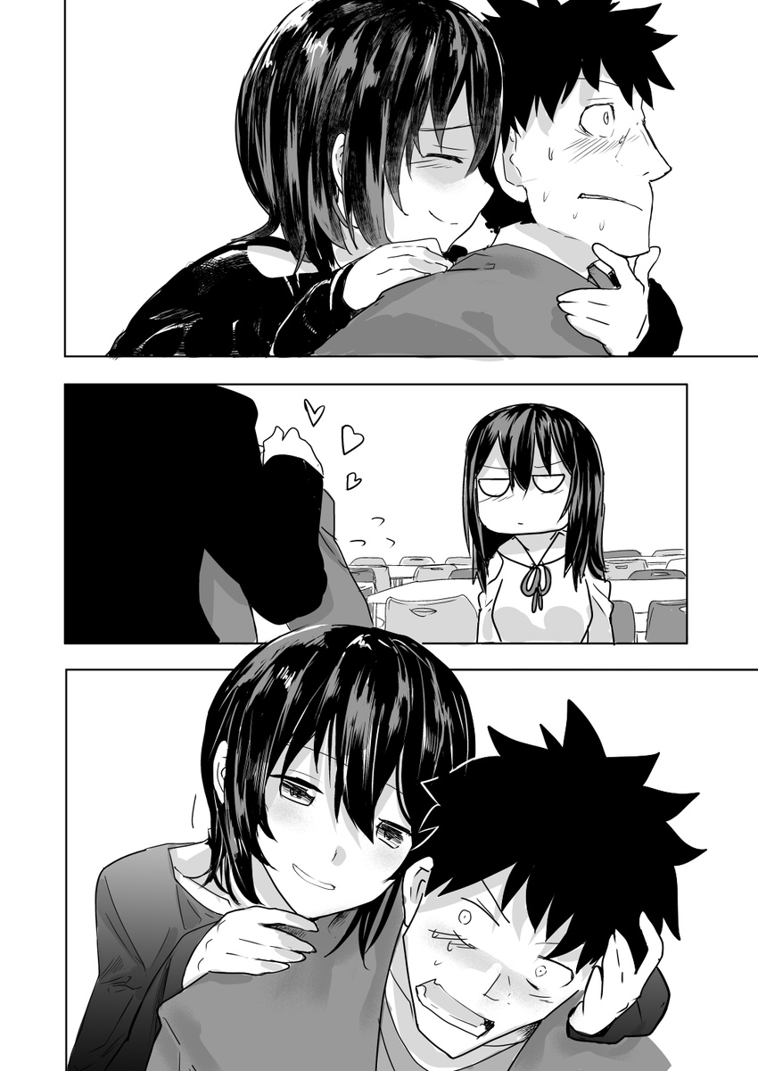 2girls annoyed araido_kagiri blush comic flustered from_behind fujimino_daisuke greyscale highres hino_matsuri_(osananajimi_ni_najimitai) monochrome multiple_girls original osananajimi_ni_najimitai silent_comic smile touching_another's_chin