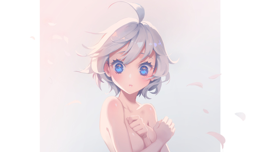 :o ahoge bangs blue_eyes blush breasts cleavage collarbone commentary_request covering covering_breasts crossed_arms eyelashes gradient gradient_background grey_background highres karesuki lips medium_breasts no_pupils nude open_mouth original petals short_hair silver_hair solo upper_body