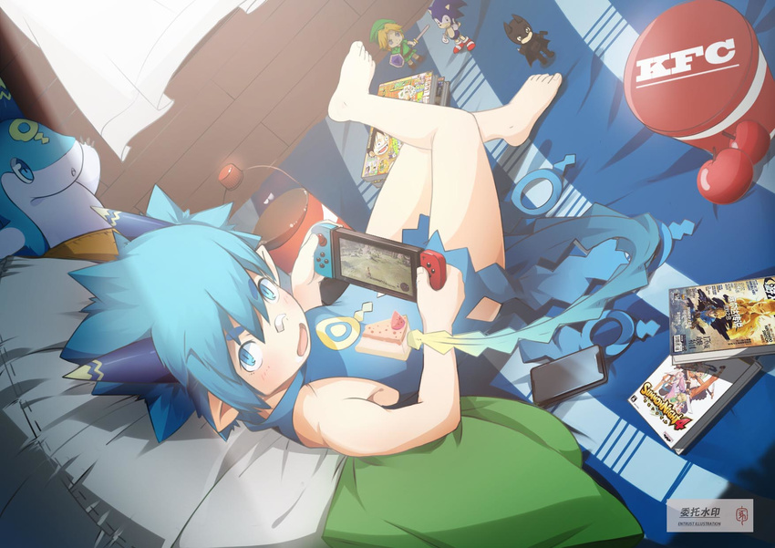 :d apple barefoot batman blue_eyes blue_hair child food fruit gui_zhong_xiongyi highres horns indoors kfc link lyurm male_focus monkey_d_luffy nintendo_switch open_mouth pillow princess_zelda shounen_jump sitting smile soda_bottle sonic sonic_the_hedgehog summon_night summon_night_4 the_legend_of_zelda