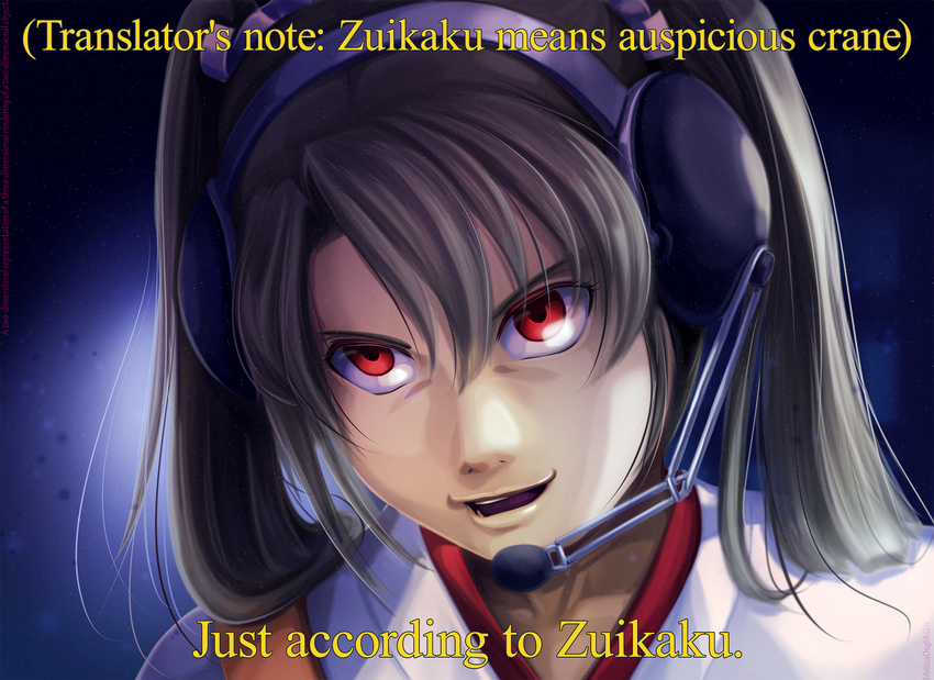 commentary death_note english evil_smile gesugao grey_hair headset highres just_as_planned kantai_collection melisaongmiqin meme open_mouth parody pun red_eyes smile subtitled teeth twintails zuikaku_(kantai_collection)