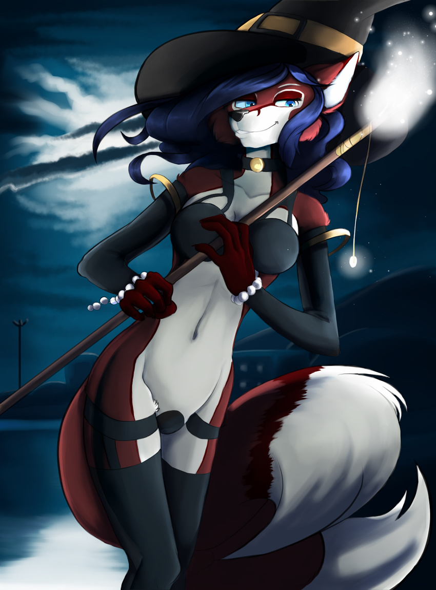 2017 3_tails anthro black_nose blue_eyes breasts canine clothed clothing collar costume dark detailed_background digital_drawing_(artwork) digital_media_(artwork) female fox fur hair half_clothed halloween hat headwear holidays invalid_tag lake legwear looking_at_viewer magic magic_user mammal multi_tail night purple_hair shining smile soft_shading solo standing stockings witch witch_hat wunderknodel