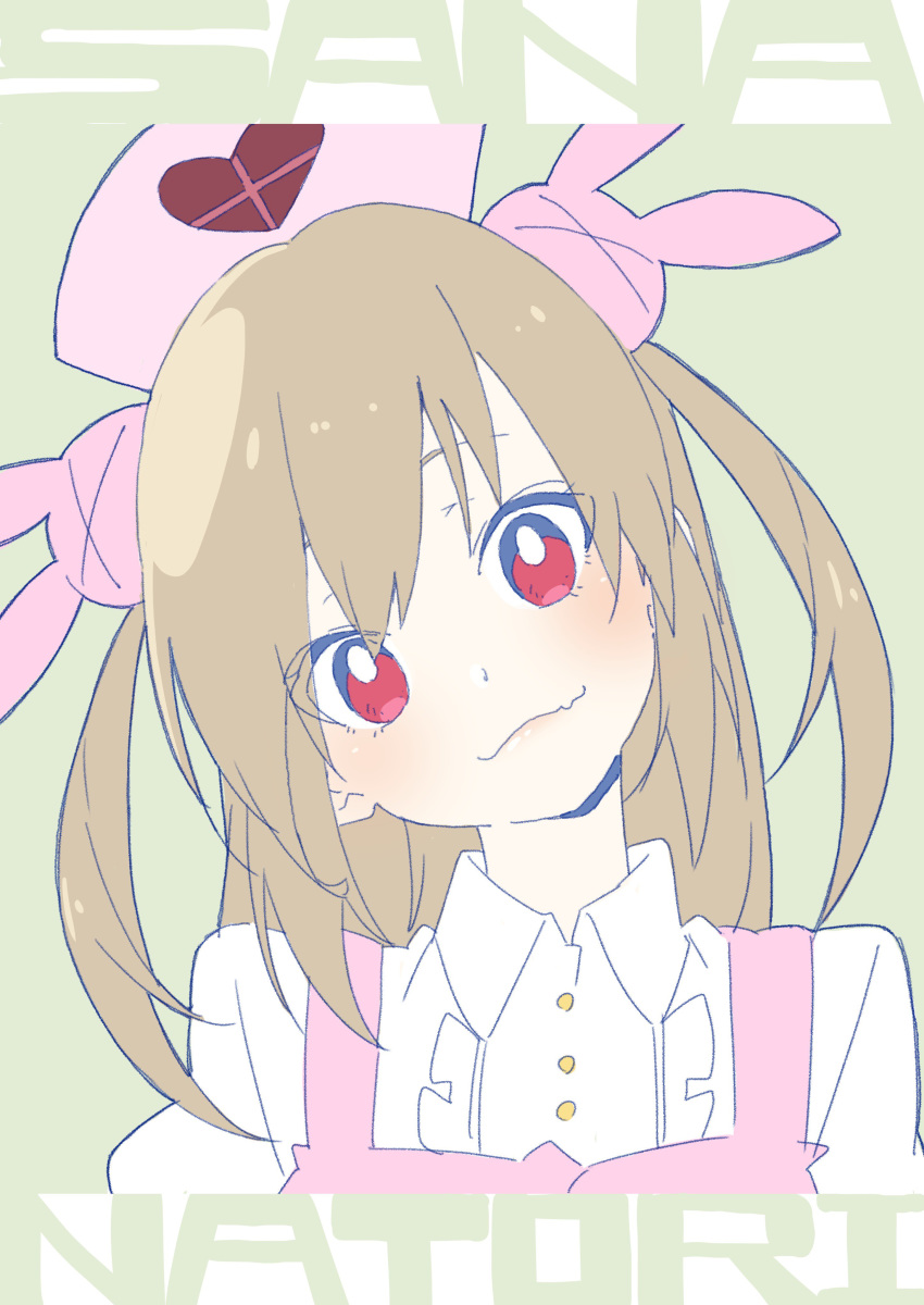 1girl absurdres apron blush bunny_hair_ornament character_name closed_mouth donguri_suzume dress fang_out hair_ornament hat head_tilt heart highres light_brown_hair long_hair looking_at_viewer natori_sana nurse_cap pink_apron pink_hat red_eyes sana_channel smile solo two_side_up upper_body white_dress
