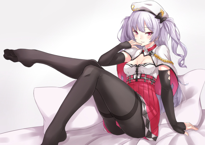 1girl aiguillette ajax_(azur_lane) arm_support ass asya azur_lane bangs bed_sheet beret black_bow black_legwear blush bow breasts capelet choker detached_sleeves eyebrows_visible_through_hair hand_to_own_mouth hat high-waist_skirt leg_up long_hair long_sleeves looking_at_viewer no_shoes pantyhose pillow purple_hair red_eyes red_skirt sidelocks sitting skirt small_breasts smile solo thighband_pantyhose two_side_up white_hat