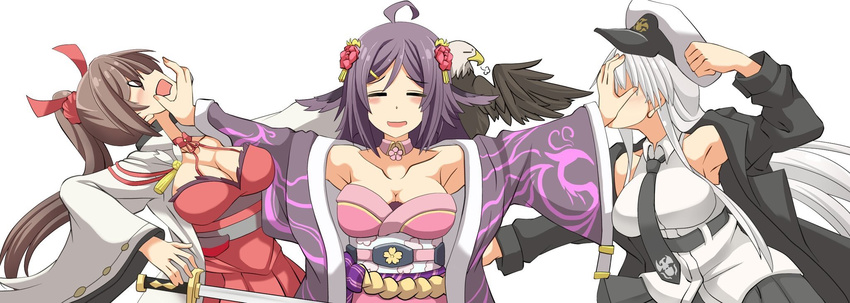 =_= ahoge animal animal_ears animal_on_shoulder arm_up azur_lane bald_eagle belt bird black_neckwear black_skirt blush breasts brown_hair cleavage clenched_hand closed_eyes coat collarbone collared_shirt commentary_request dress eagle enterprise_(azur_lane) eyebrows_visible_through_hair flipped_hair flower grey_hair hair_between_eyes hair_flower hair_ornament hair_ribbon hairclip hand_on_another's_face hat highres houshou_(azur_lane) imagawa_akira japanese_clothes kimono large_breasts long_hair long_sleeves military military_hat miniskirt multiple_girls necktie obi off_shoulder peaked_cap pleated_skirt ponytail purple_hair pushing_away pushing_face red_ribbon ribbon sash shirt short_kimono sigh silver_hair simple_background skirt sleeveless sleeveless_shirt smile sword upper_body very_long_hair weapon white_background white_skirt wide_sleeves zuikaku_(azur_lane)