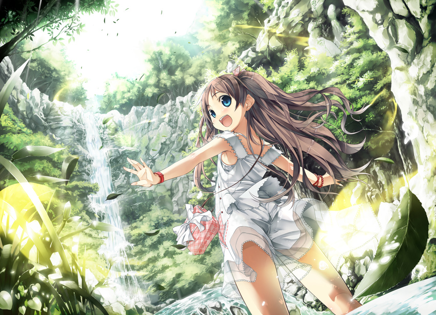 :d absurdres bag blue_eyes bracelet brown_hair cura dress fanbox_reward game_cg hands happy highres jewelry leaf looking_back monobeno nature open_mouth outstretched_arms paid_reward ribbon sawai_natsuha scenery smile solo spread_arms sunlight tree two_side_up water waterfall