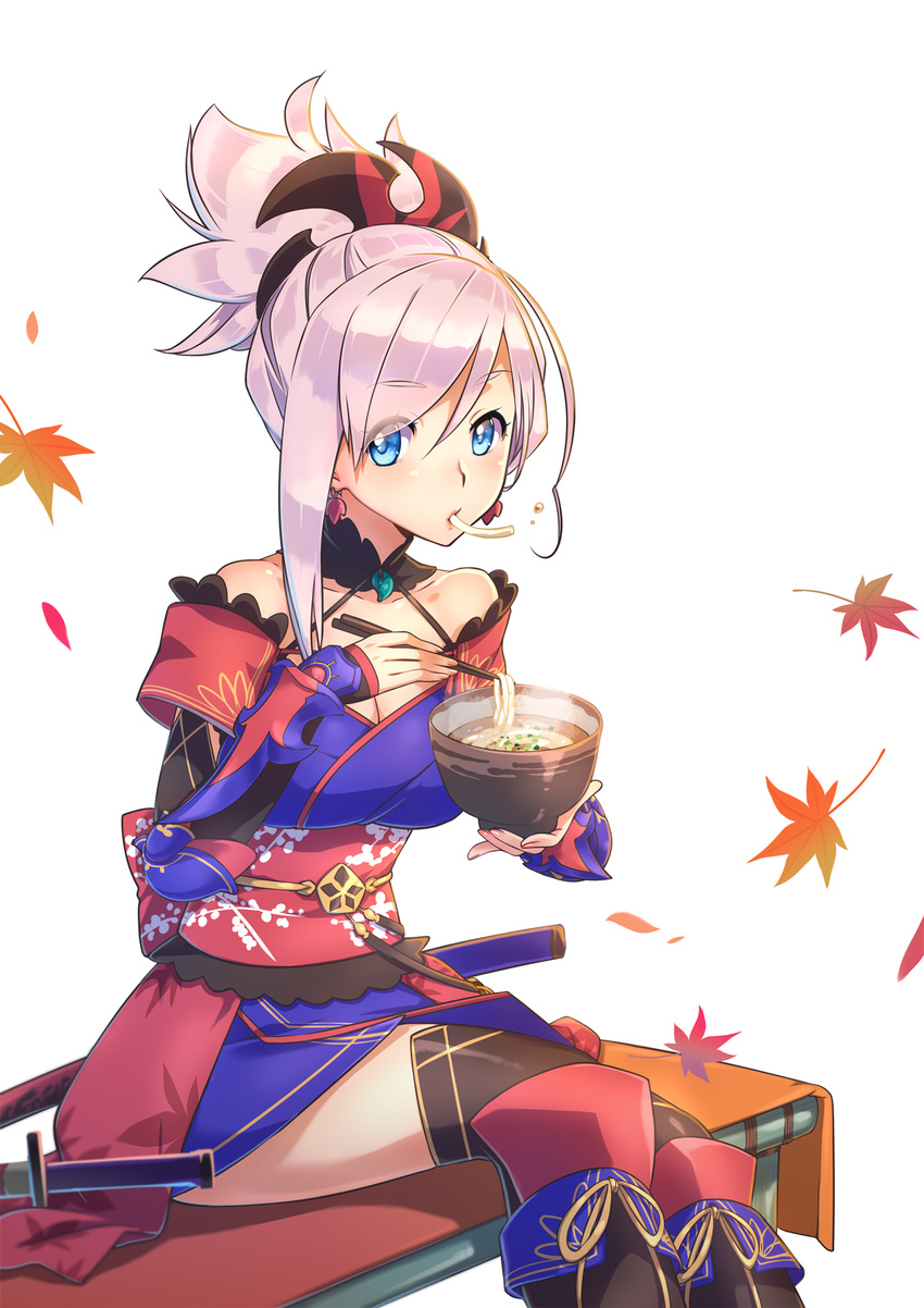 bench blue_eyes bowl breasts chopsticks cleavage detached_sleeves earrings eating fate/grand_order fate_(series) food hair_ornament highres holding holding_bowl holding_chopsticks japanese_clothes jewelry kawagoe_pochi kimono looking_at_viewer medium_breasts miyamoto_musashi_(fate/grand_order) noodles obi pink_hair ramen sash short_hair short_ponytail simple_background sitting solo sword thighhighs weapon