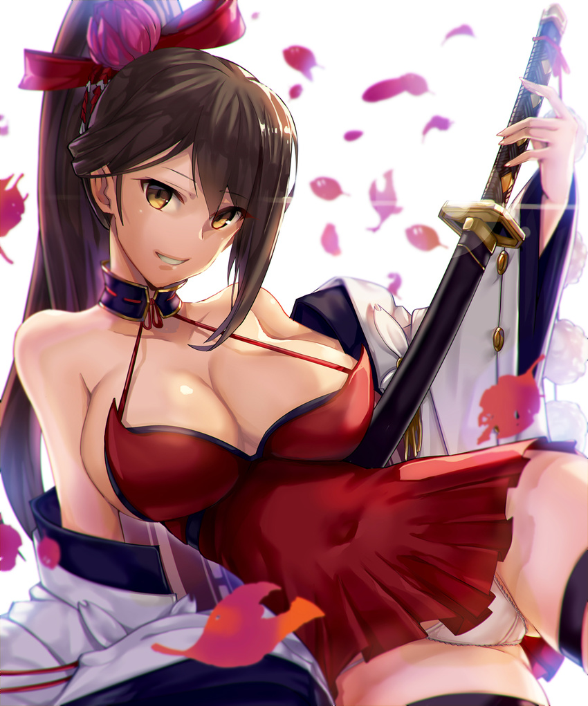 arm_support ass_visible_through_thighs azur_lane bangs bare_shoulders blurry blush breasts brown_hair cleavage collarbone covered_navel depth_of_field dress eyebrows_visible_through_hair falling_leaves flower grin hair_flower hair_ornament hair_ribbon highres katana large_breasts leaf long_hair long_sleeves looking_at_viewer off_shoulder open_clothes panties parted_lips ponytail red_dress red_ribbon ribbon ribbon_trim satou_daiji sheath sheathed short_dress simple_background smile solo sword teeth thigh_strap underwear upskirt very_long_hair weapon white_background white_panties yellow_eyes zuikaku_(azur_lane)