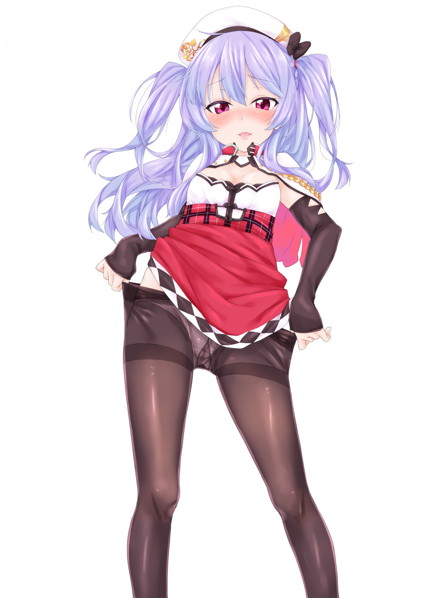 ajax_(azur_lane) azur_lane beret black_legwear blush breasts detached_sleeves gusset hat highres itou_ayachi long_hair looking_at_viewer panties panties_under_pantyhose pantyhose pantyhose_pull purple_hair red_eyes remodel_(azur_lane) ribbon small_breasts solo thighband_pantyhose twintails underwear white_background