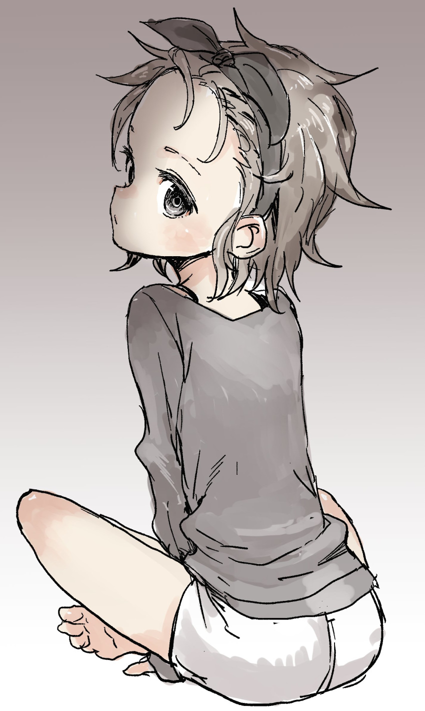 1girl barefoot closed_mouth commentary_request from_behind gradient gradient_background grey_background grey_eyes grey_hair grey_shirt highres long_sleeves looking_at_viewer looking_back original shirt short_hair shorts sitting solo white_shorts yamamoto_souichirou