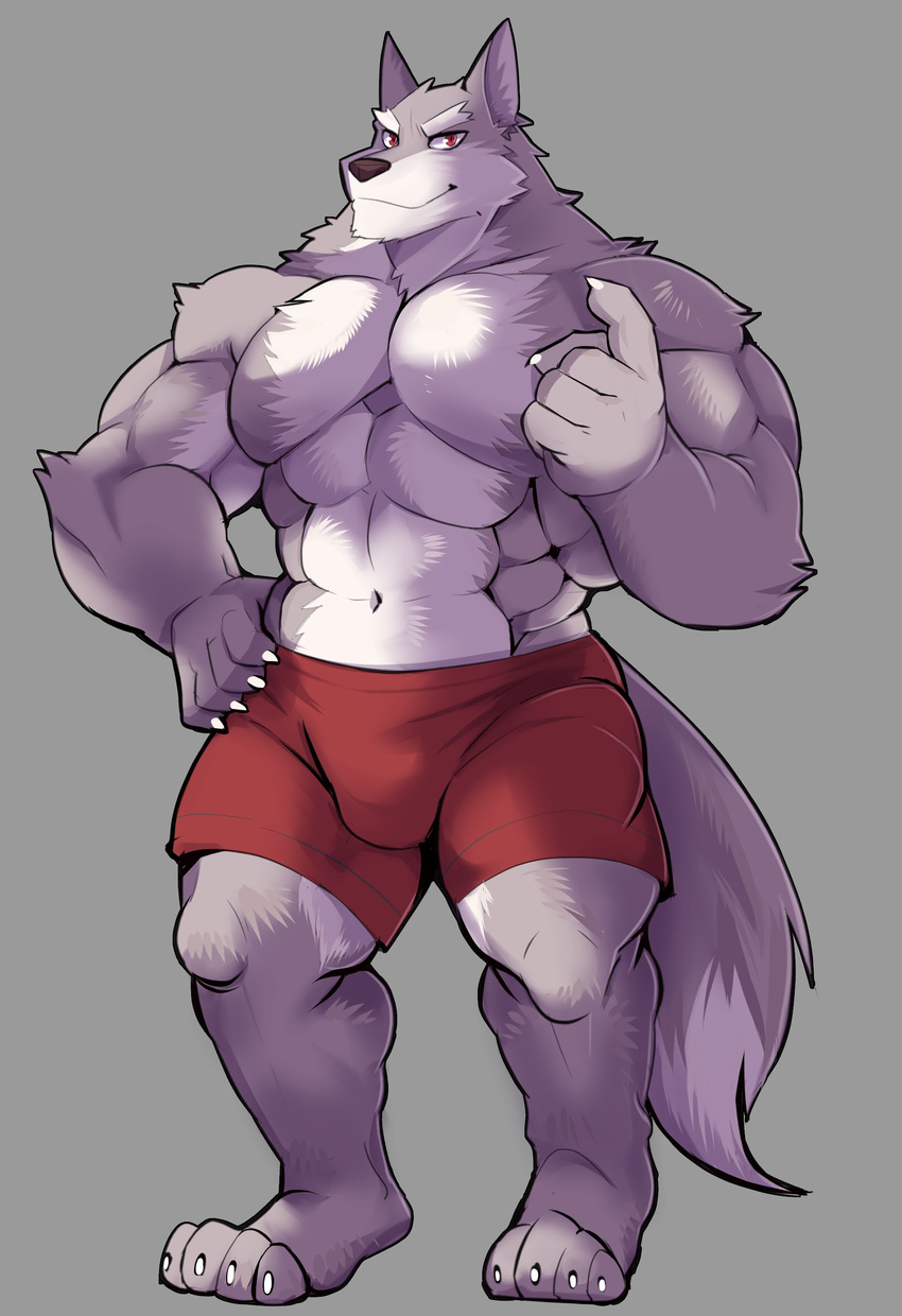 2017 5_fingers abs anthro biceps big_pecs boxers_(clothing) bulge canine clothed clothing digital_media_(artwork) fur hi_res lucusold male mammal muscular muscular_male pecs red_eyes red_underwear simple_background solo standing topless underwear wolf