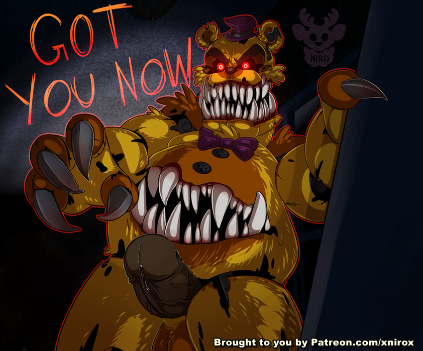animatronic anthro balls bear bow claws cum cum_on_penis dialogue english_text erection five_nights_at_freddy's five_nights_at_freddy's_4 fredbear_(fnaf) fur glowing glowing_eyes hat headgear looking_at_viewer machine male mammal nightmare_fredbear_(fnaf) nightmare_fuel nude overweight penis precum red_eyes robot sharp_claws sharp_teeth smile solo standing stomach_mouth teeth text thick_penis thick_thighs vein veiny_penis video_games xnirox