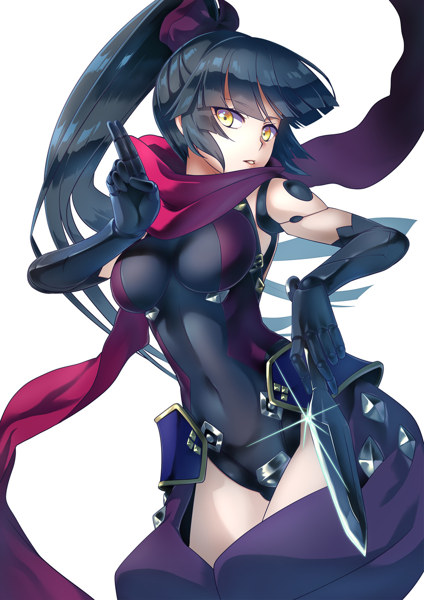 bangs black_hair black_leotard blunt_bangs breasts covered_navel cowboy_shot eyebrows_visible_through_hair fate/grand_order fate_(series) highres katou_danzou_(fate/grand_order) kawagoe_pochi kunai leotard long_hair looking_at_viewer mechanical_arm medium_breasts ninja open_pants parted_lips ponytail red_scarf scarf simple_background solo standing very_long_hair weapon white_background yellow_eyes