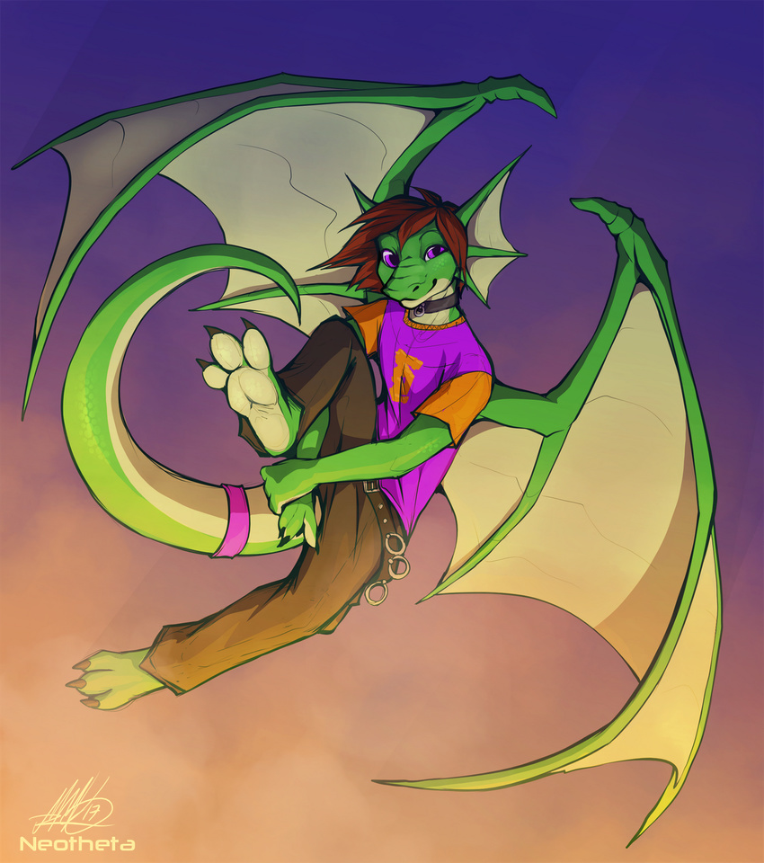 2017 3_toes anthro barefoot brown_hair caltsar clothed clothing dragon gradient_background hair male membranous_wings neotheta purple_eyes simple_background smile solo toes wings