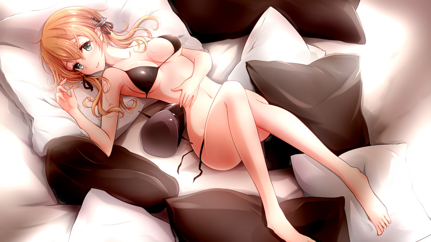 absurdres barefoot bikini black_bikini breasts brown_hair cleavage collarbone eyebrows_visible_through_hair green_eyes hair_between_eyes hand_on_own_stomach highres indoors kantai_collection long_hair looking_at_viewer lying medium_breasts mitsukii navel on_back pillow prinz_eugen_(kantai_collection) sideboob smile solo swimsuit untied untied_bikini