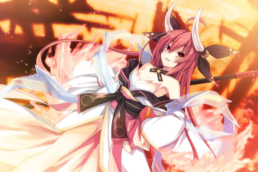 ahoge black_ribbon breasts cleavage collarbone date_a_live dress eyebrows_visible_through_hair fire floating_hair hair_between_eyes hair_ribbon hand_on_hip highres horns itsuka_kotori long_hair neck_ribbon parted_lips red_eyes red_hair ribbon see-through small_breasts smile solo uiu very_long_hair